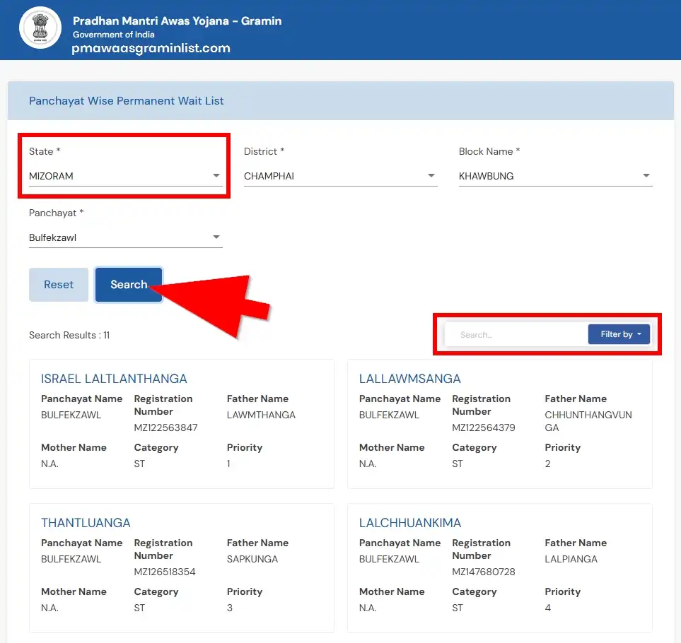 PM Awas Panchayat Wise Permanent Wait List Mizoram 2025